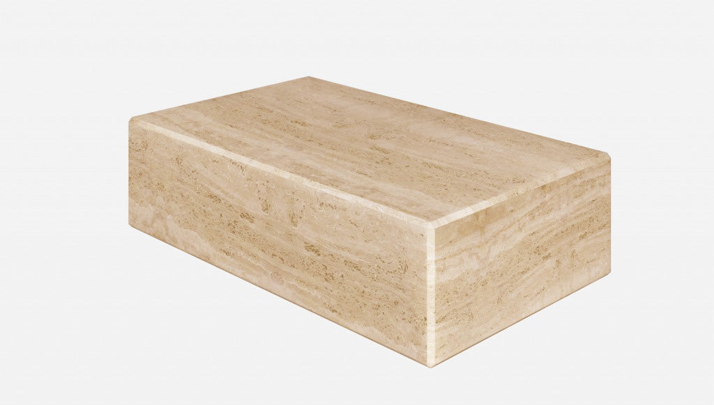 Travertine block coffee table with natural stone surface and sturdy legs, measuring 100x60x27 cm for modern living room decor.