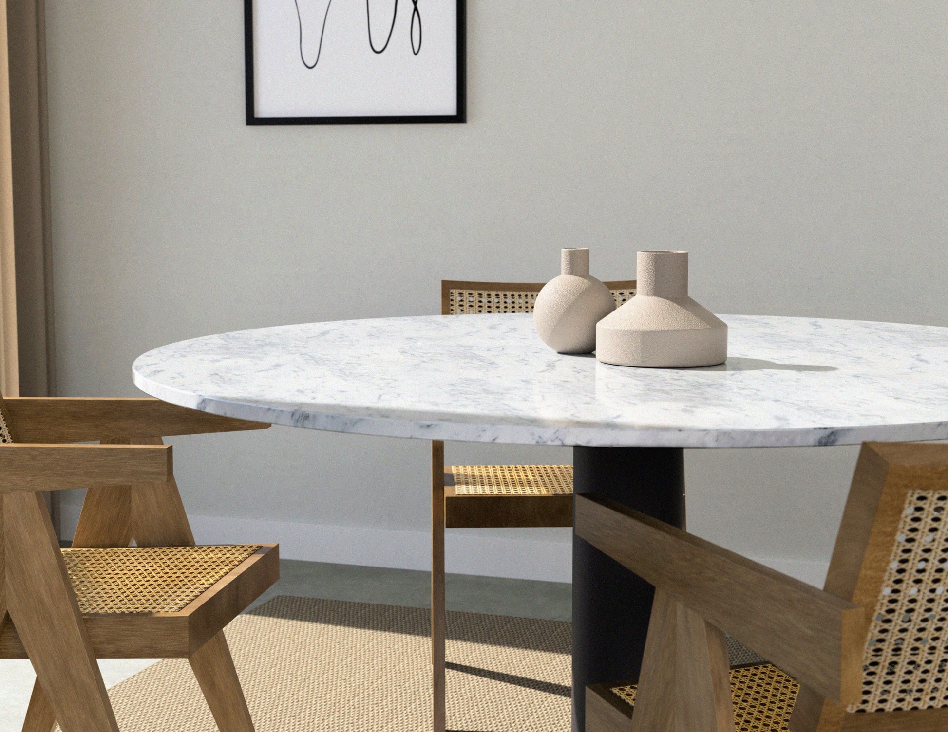 Round KIYO dining table with Bianco Carrara white marble top and grey-brown center leg, modern design, 110 cm diameter.