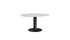 Round KIYO dining table with Bianco Carrara white marble top and grey-brown center leg, modern and elegant design.