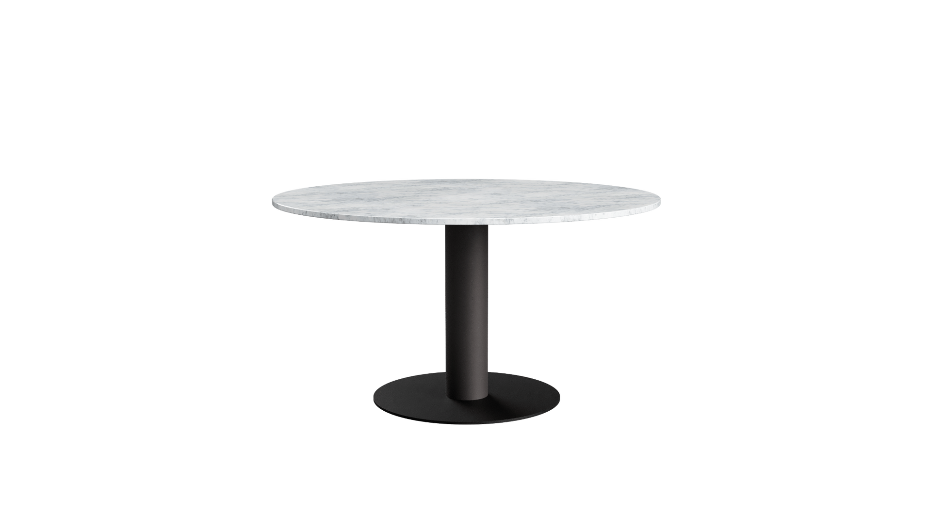 Round KIYO dining table with Bianco Carrara white marble top and grey-brown center leg, modern and elegant design.