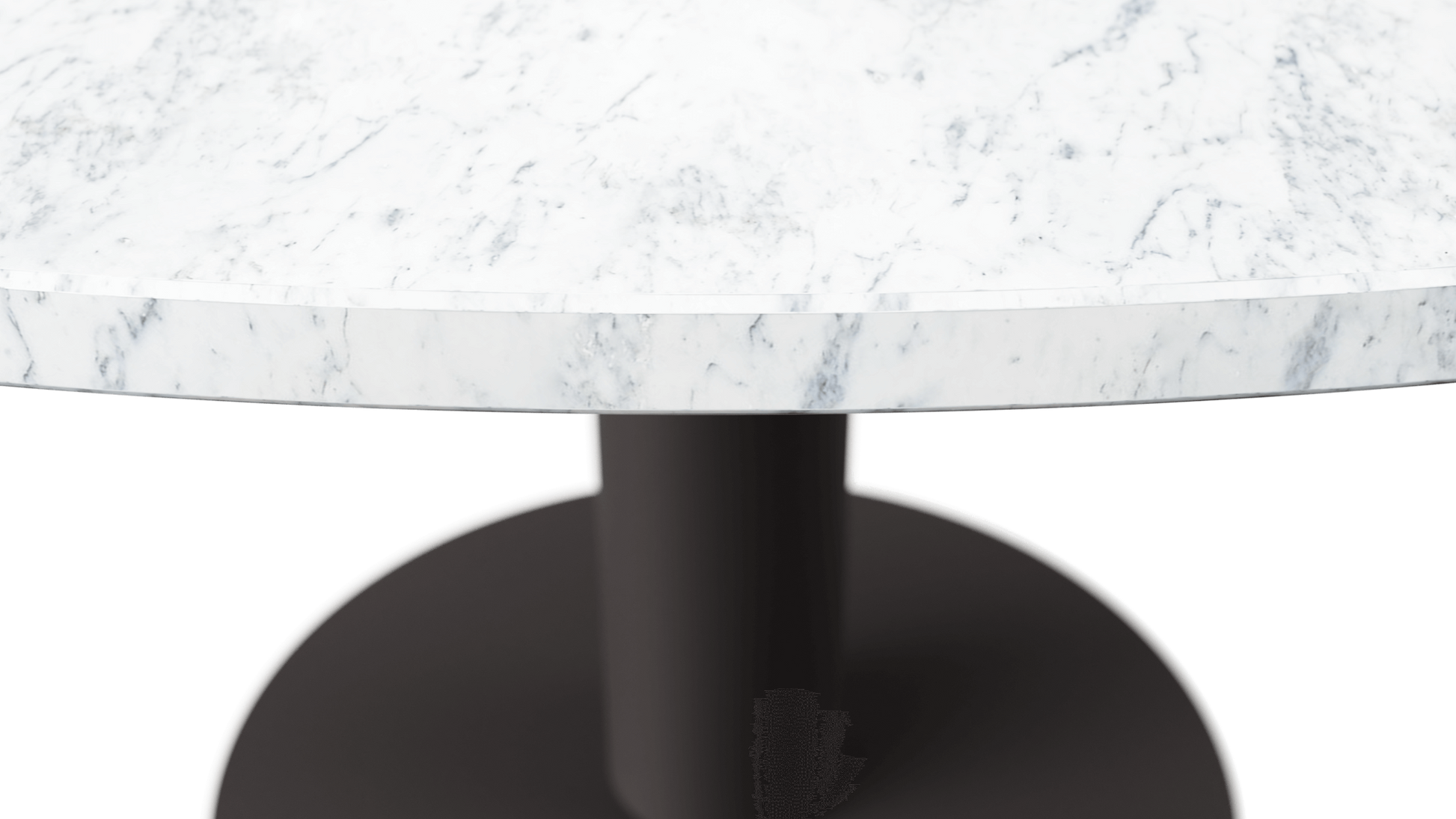 Kiyo round dining table with Bianco Carrara white marble surface and grey-brown center-leg, showcasing elegant marble pattern.