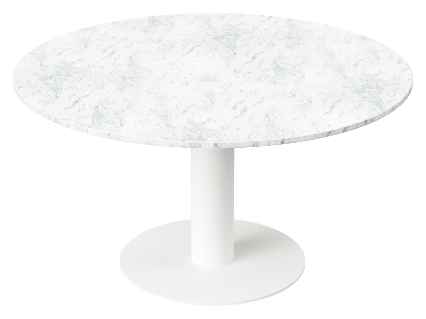 KIYO round dining table with Bianco Carrara white marble top and white center-leg, modern and elegant design.