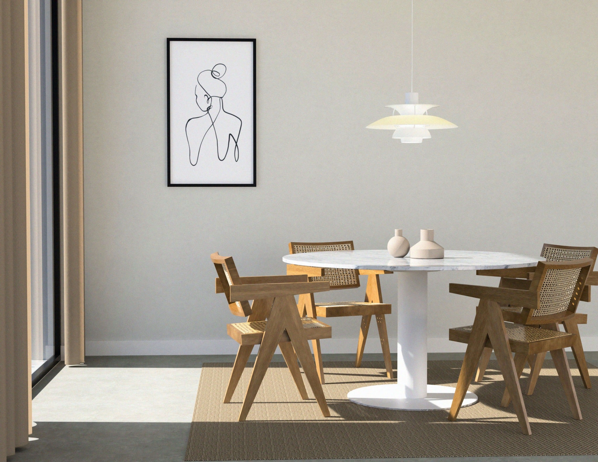KIYO round dining table with Bianco Carrara white marble top and white center-leg, modern design for stylish dining spaces.