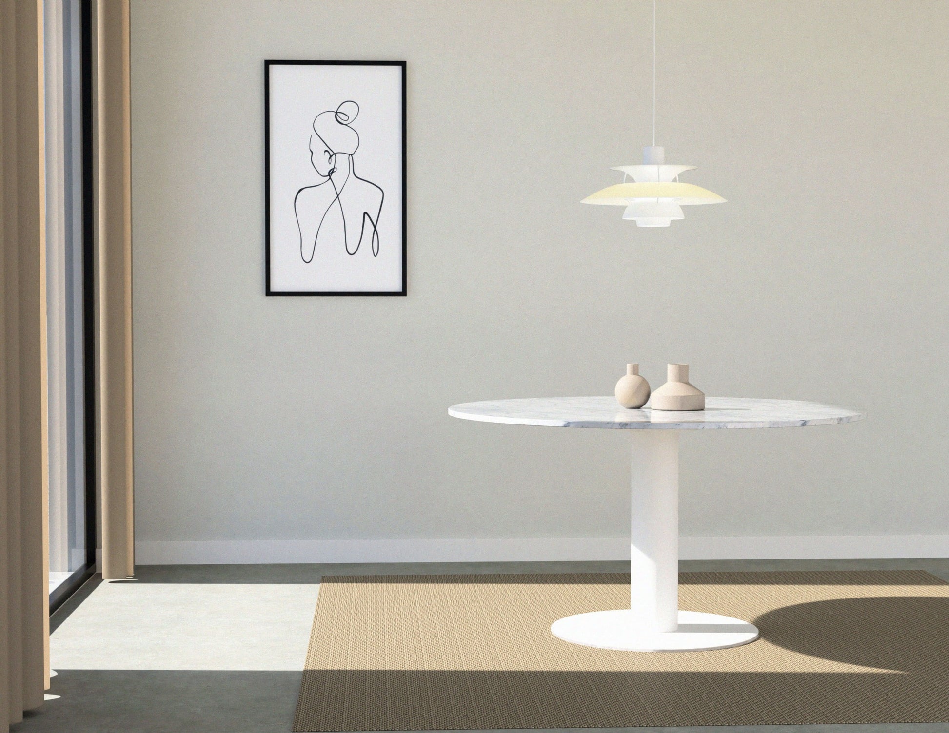 KIYO round dining table by My Store with Bianco Carrara white marble top and white center-leg, modern and elegant design.