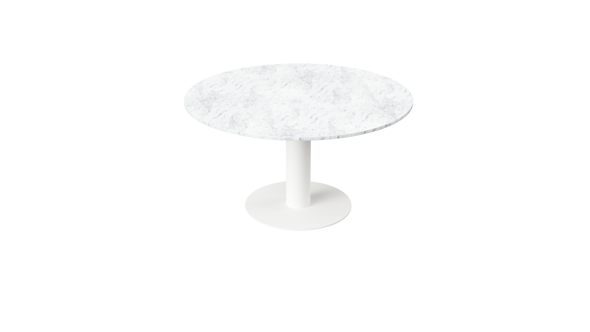 KIYO round dining table by My Store with Bianco Carrara white marble top and white center-leg, elegant modern design.
