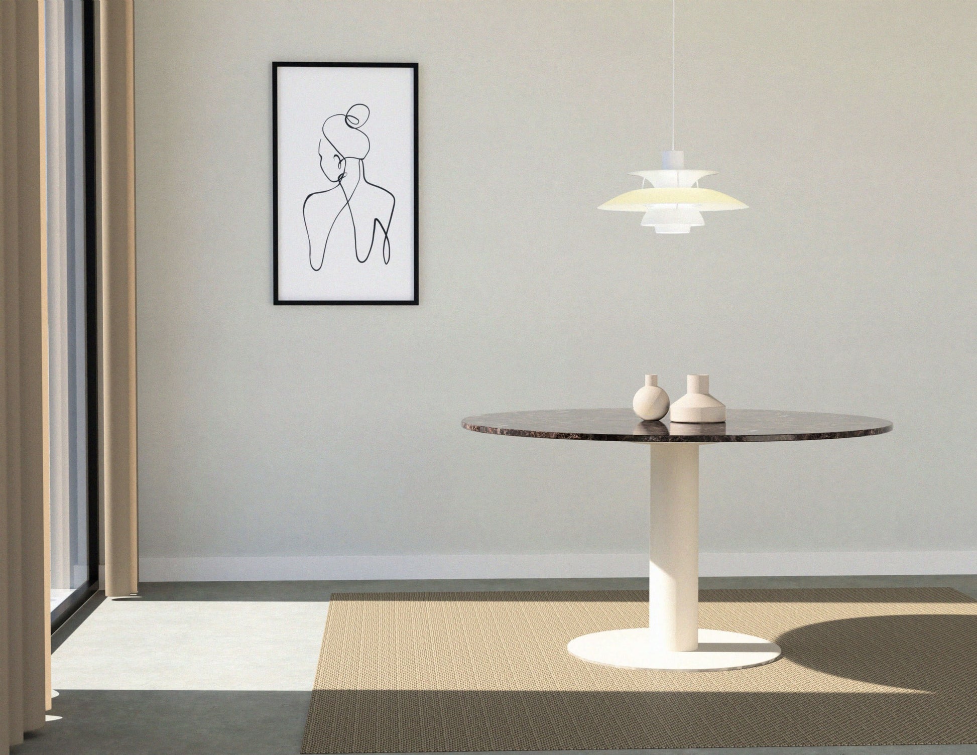 KIYO round dining table with Dark Emperador brown marble top and beige center-leg, modern design for dining spaces.