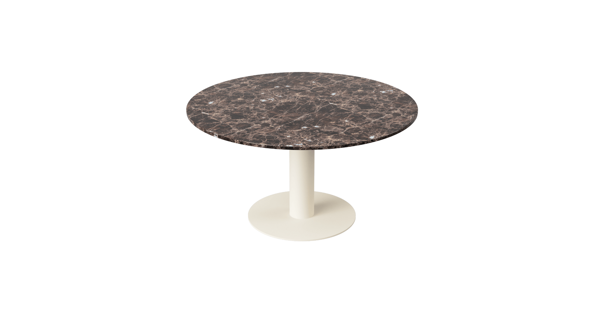 Round KIYO dining table with dark Emperador brown marble top and beige center-leg, perfect for modern dining rooms.