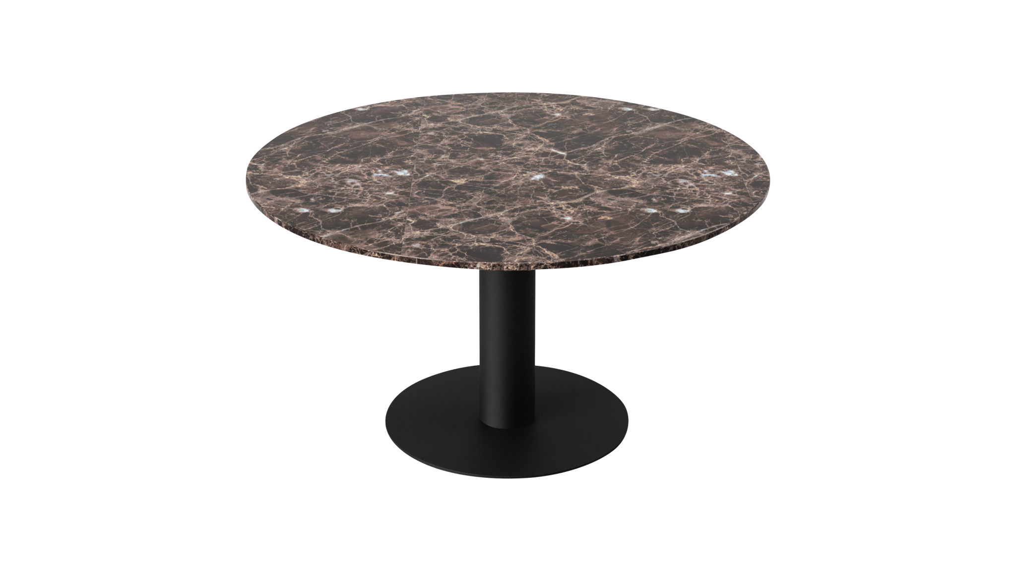 Round KIYO dining table with dark Emperador brown marble top and black center-leg, stylish modern design.
