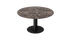Round KIYO dining table with dark Emperador brown marble top and black center-leg, stylish modern design.