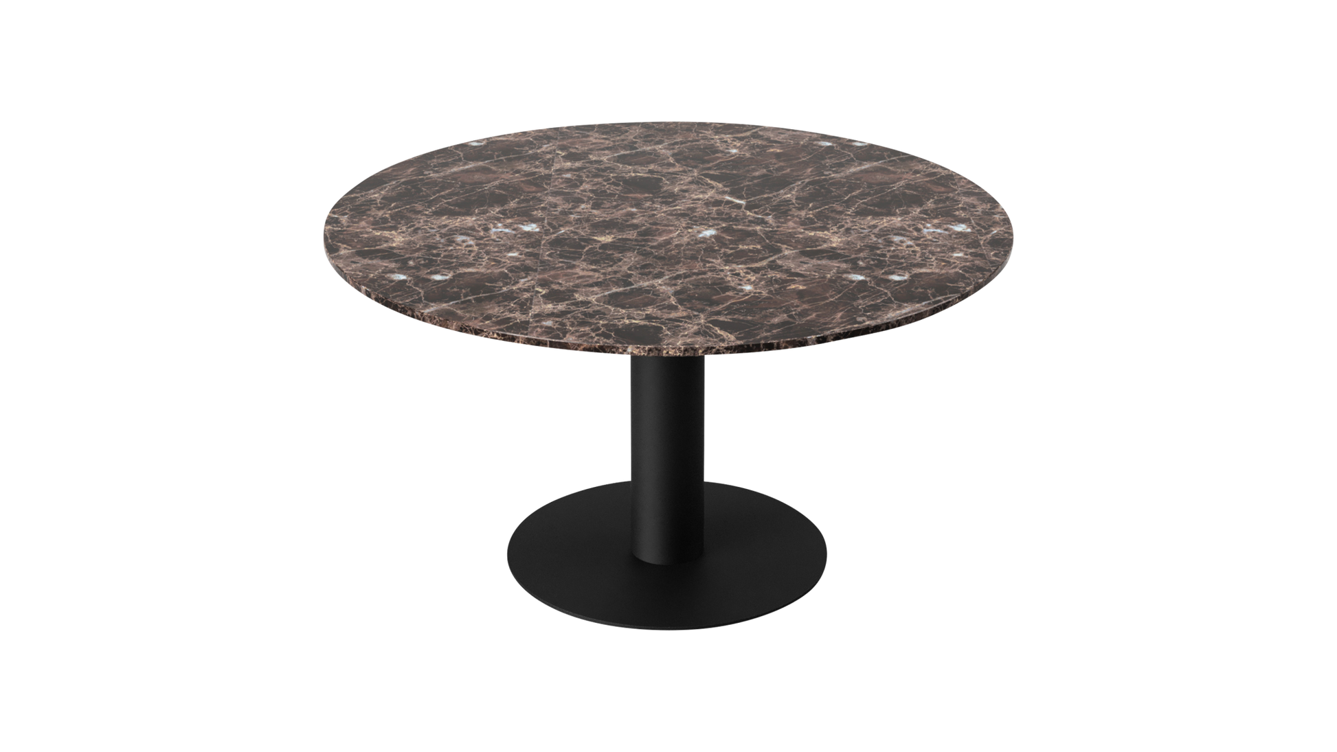Round KIYO dining table with dark Emperador brown marble top and black center-leg, stylish modern design.