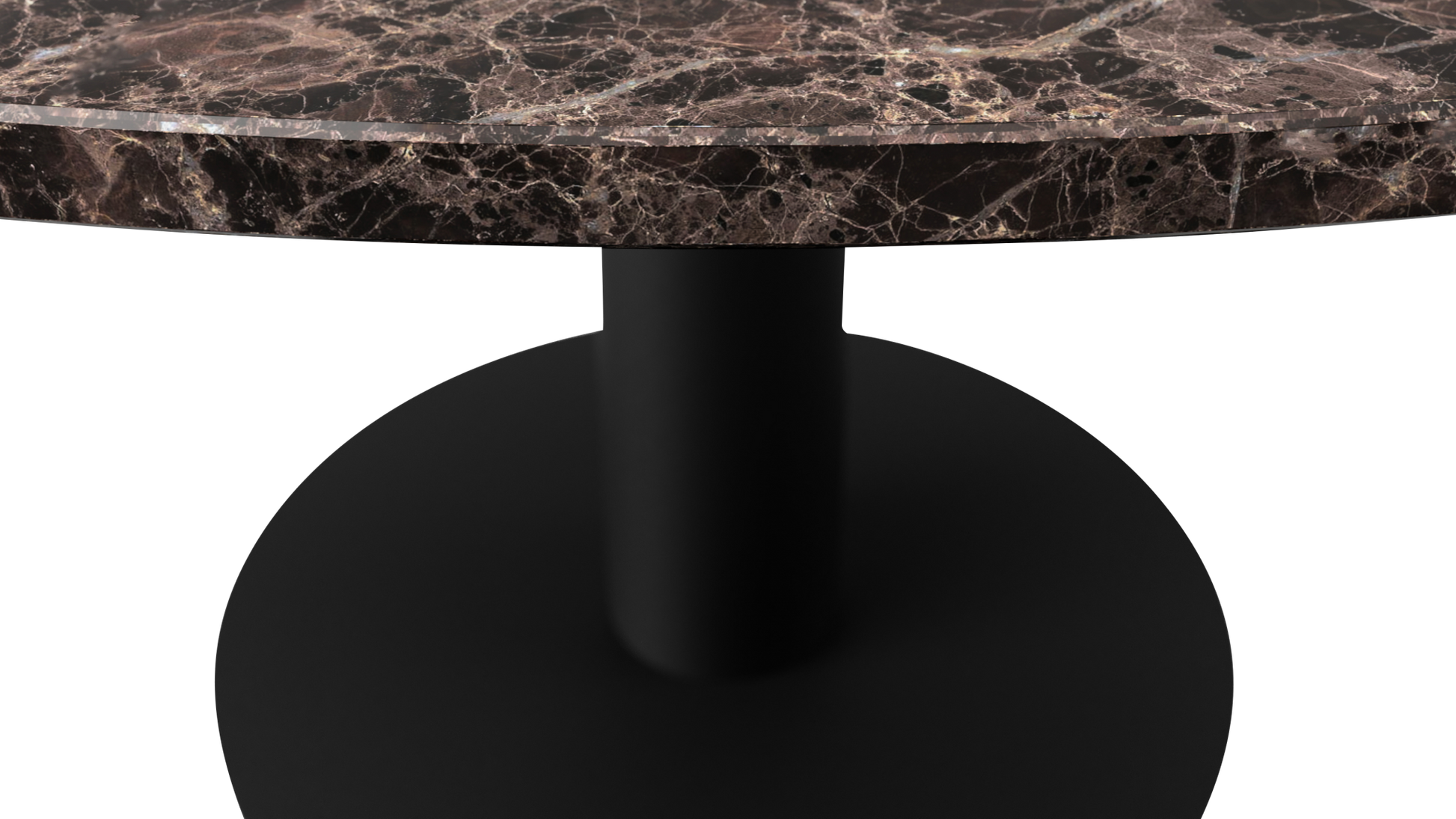 KIYO round dining table with dark Emperador brown marble top and black center-leg, modern and elegant design.