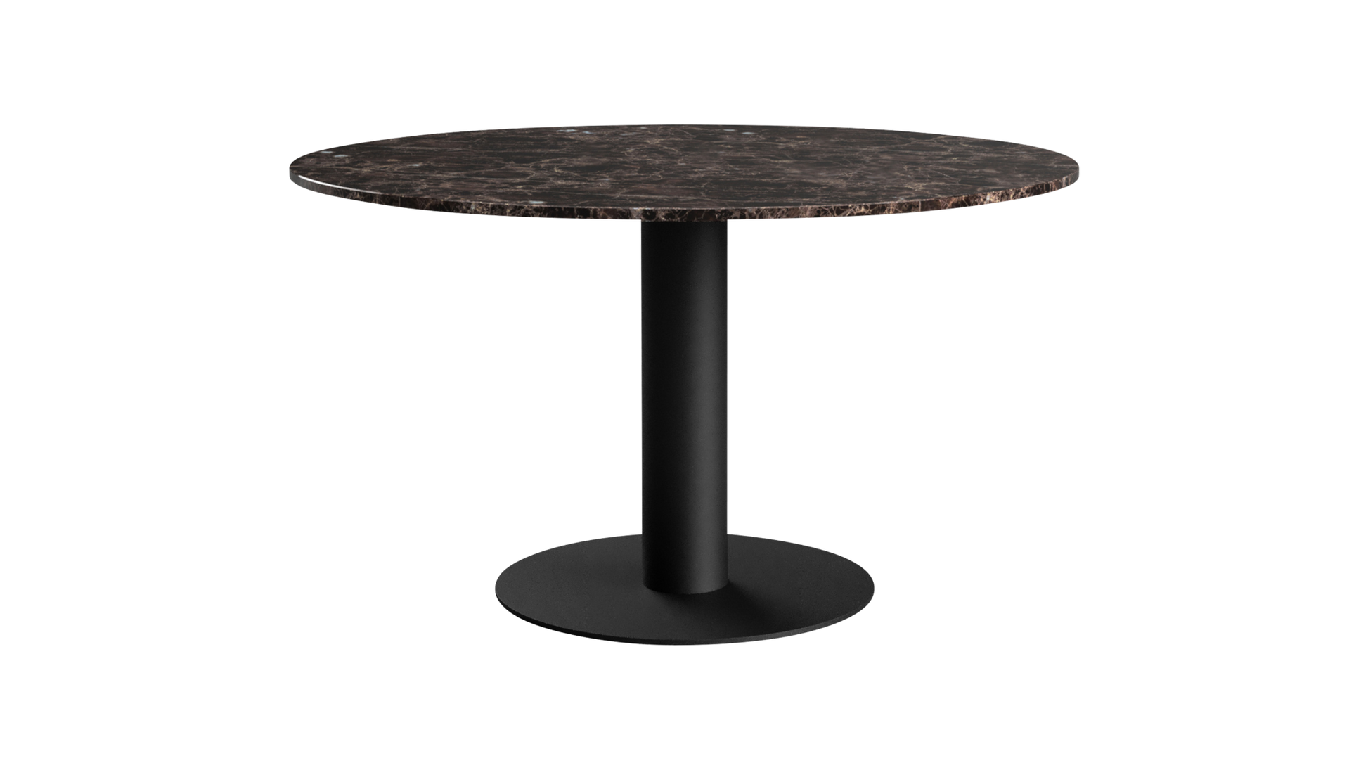 Round KIYO dining table with Dark Emperador brown marble top and black center-leg, modern design for stylish dining spaces.