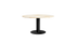 KIYO round dining table with travertine top and black center leg, modern design, suitable for dining rooms and kitchens.
