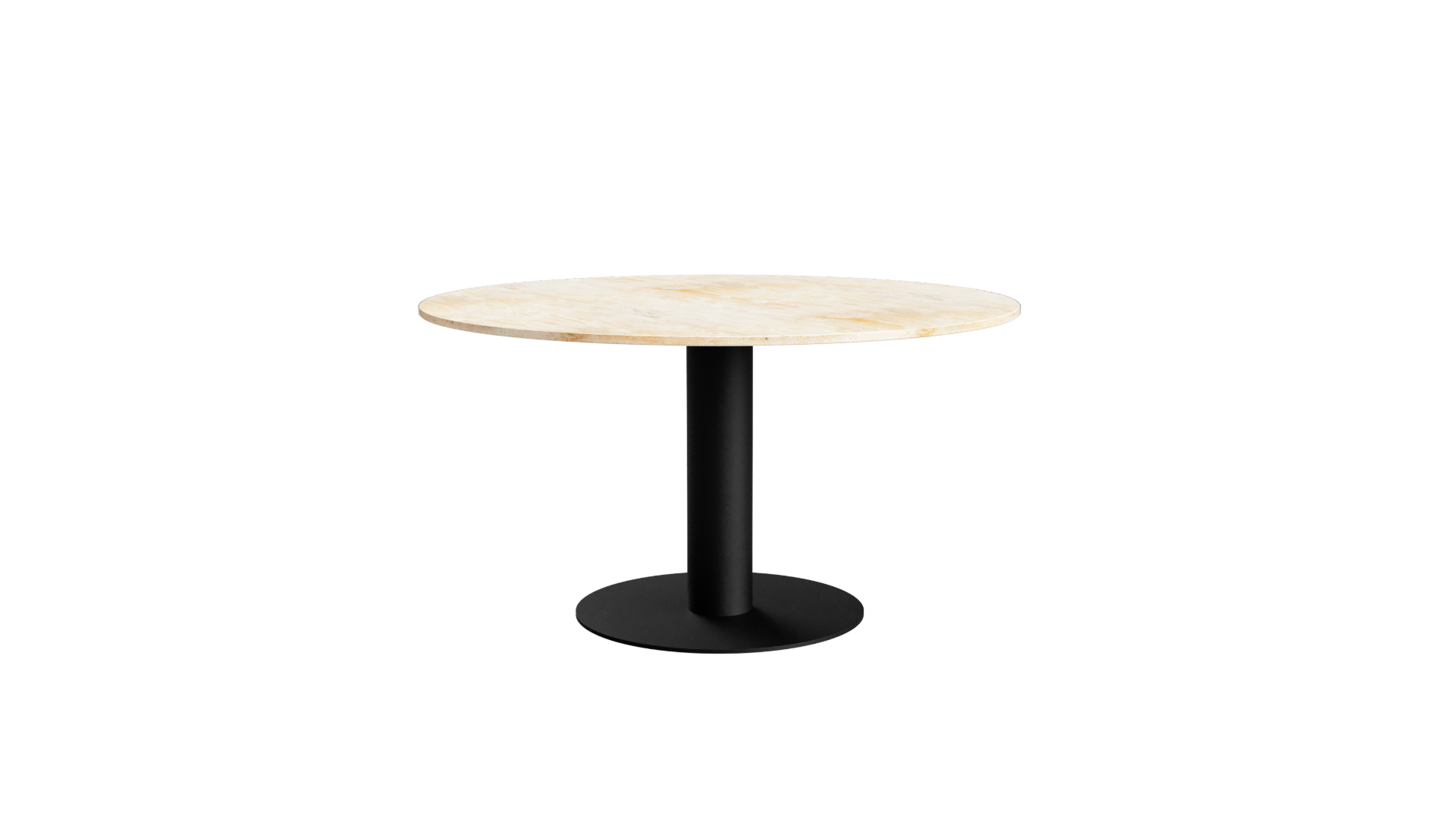 KIYO round dining table with travertine top and black center leg, modern design, suitable for dining rooms and kitchens.