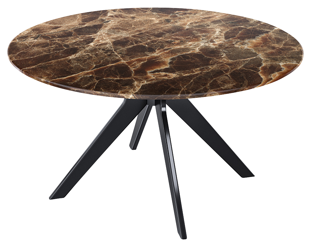 Round marble dining table with dark Emperador brown marble top and arch-style metal frame, modern and elegant design.