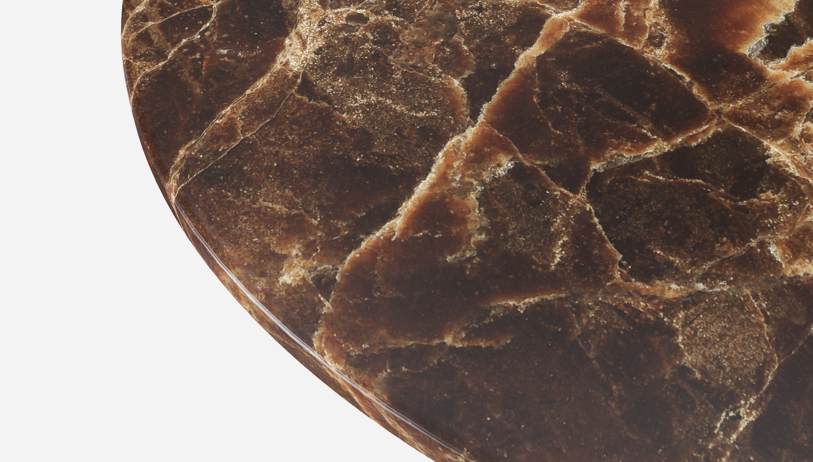 Round marble dining table with dark Emperador brown marble top and arch-shaped wooden legs, modern and elegant design.