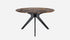 Dark Emperador brown round marble dining table with arch-style frame, showcasing a sleek and elegant design.
