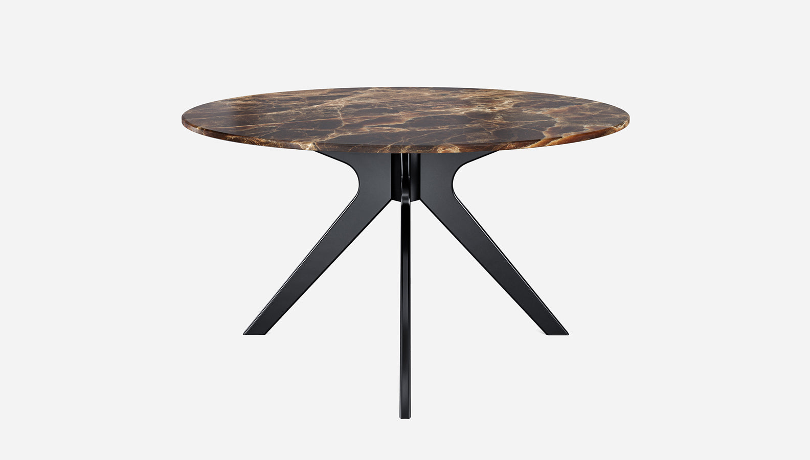Dark Emperador brown round marble dining table with arch-style frame, showcasing a sleek and elegant design.