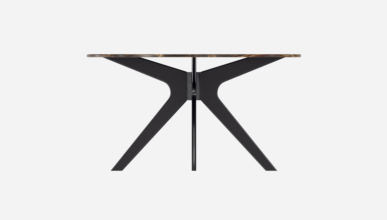Round marble dining table with dark Emperador brown marble top and arch-style wooden legs, modern and elegant furniture piece.