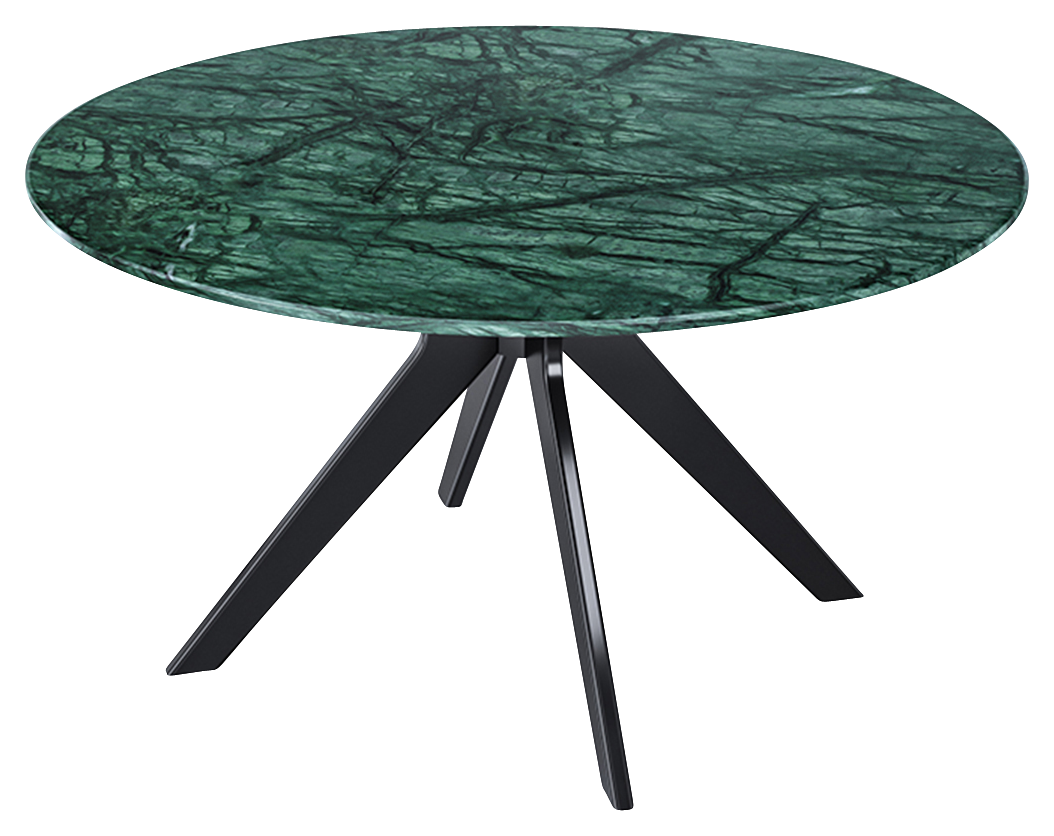 Round marble dining table with India Green marble top and arch metal frame, modern and elegant design.