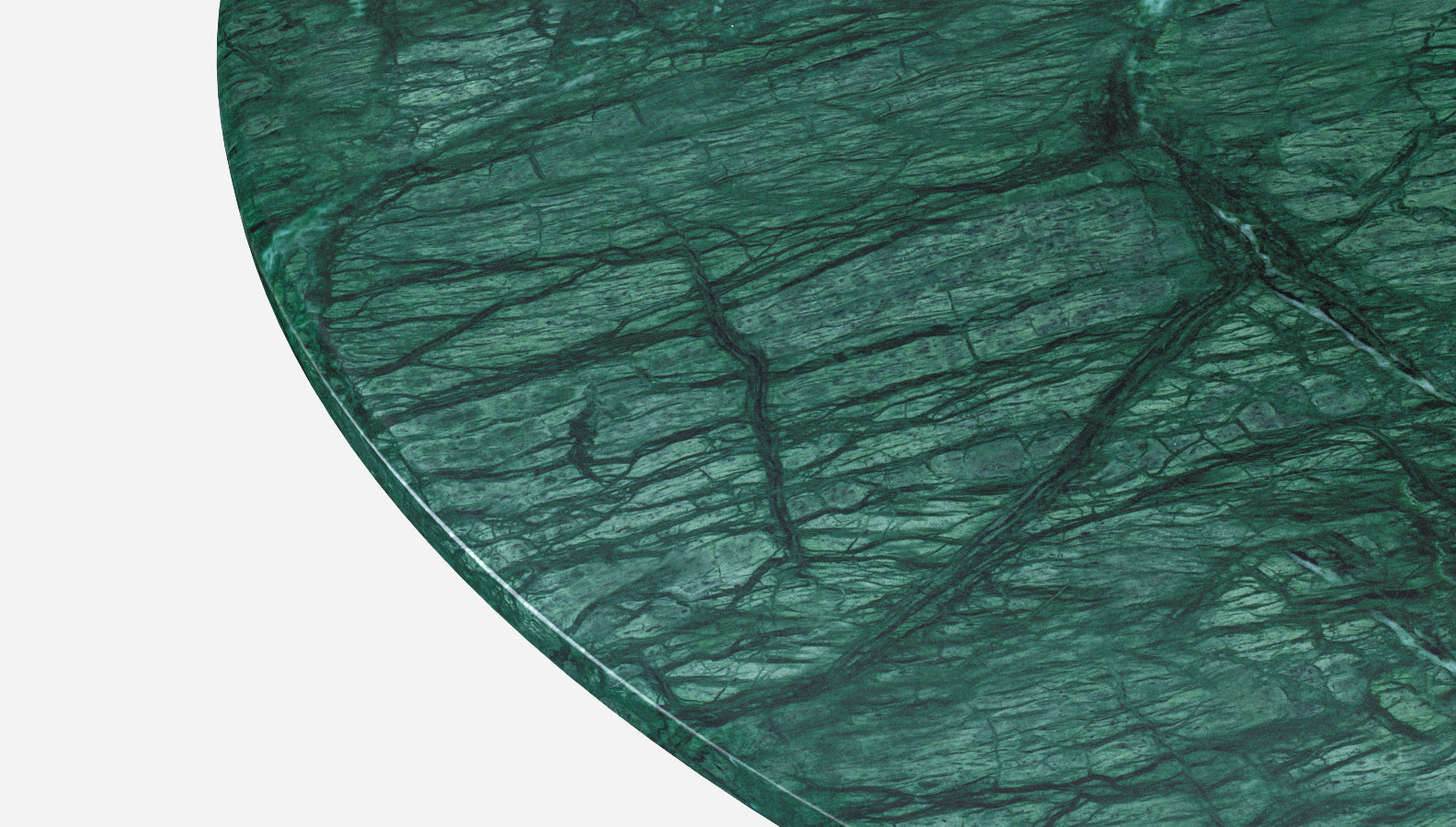 Round marble dining table with India Green marble top and arch-style metal frame, modern and elegant design.