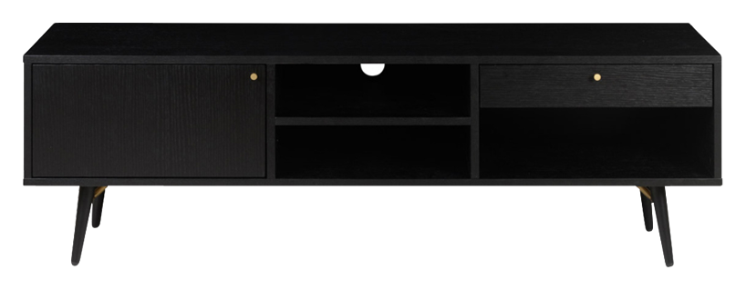 Black oak KINO TV cabinet with modern design, featuring storage compartments and sleek finish, ideal for living room organization.