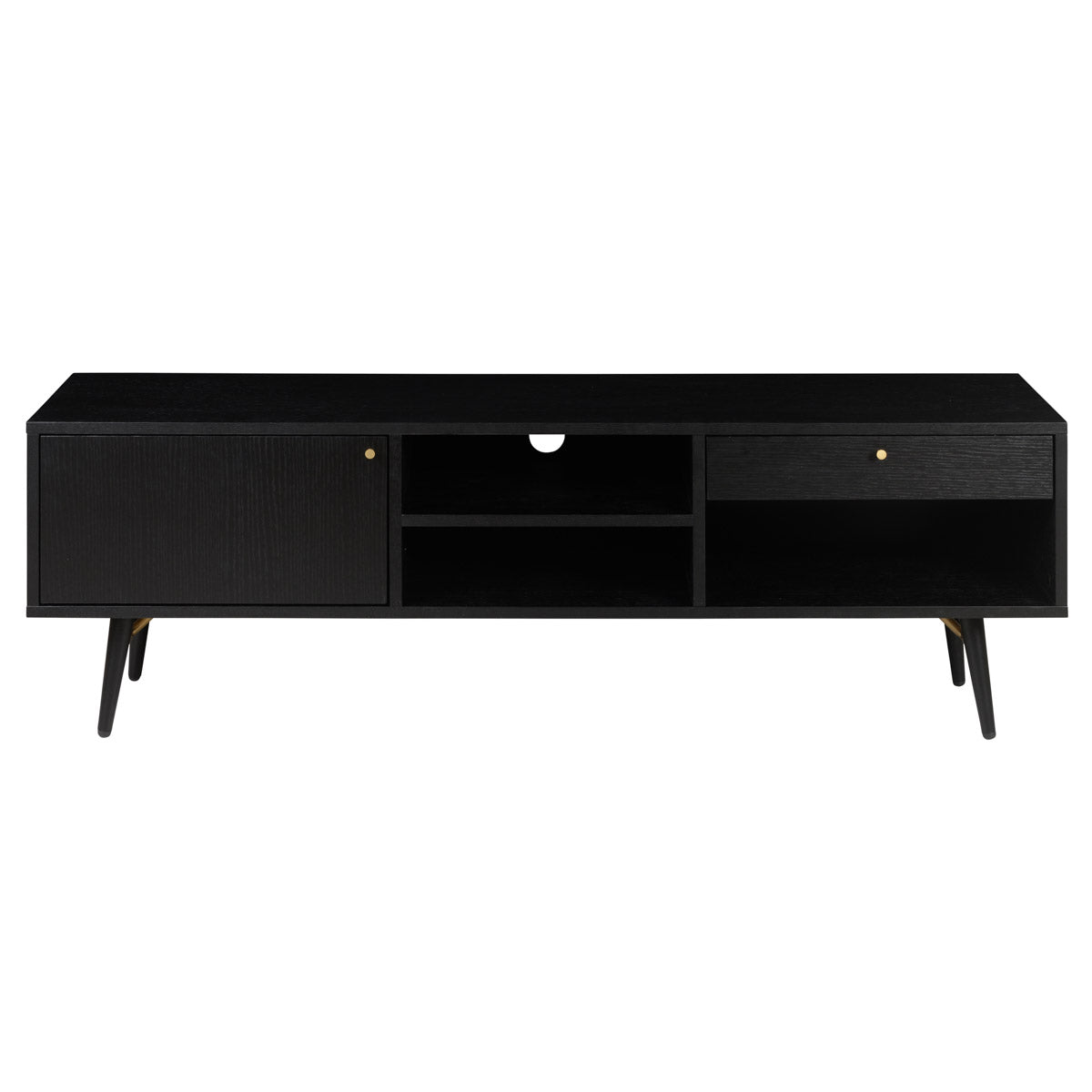Black oak KINO TV cabinet by My Store, with open shelves and storage compartments for modern living room organization.