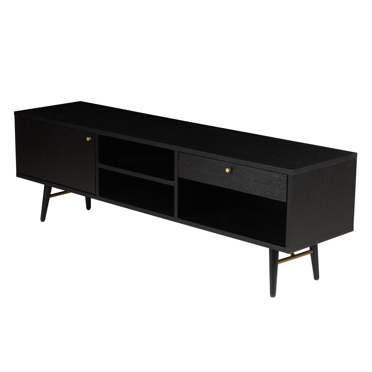 Black oak KINO TV cabinet with sleek design, featuring storage compartments and modern style perfect for contemporary living rooms.