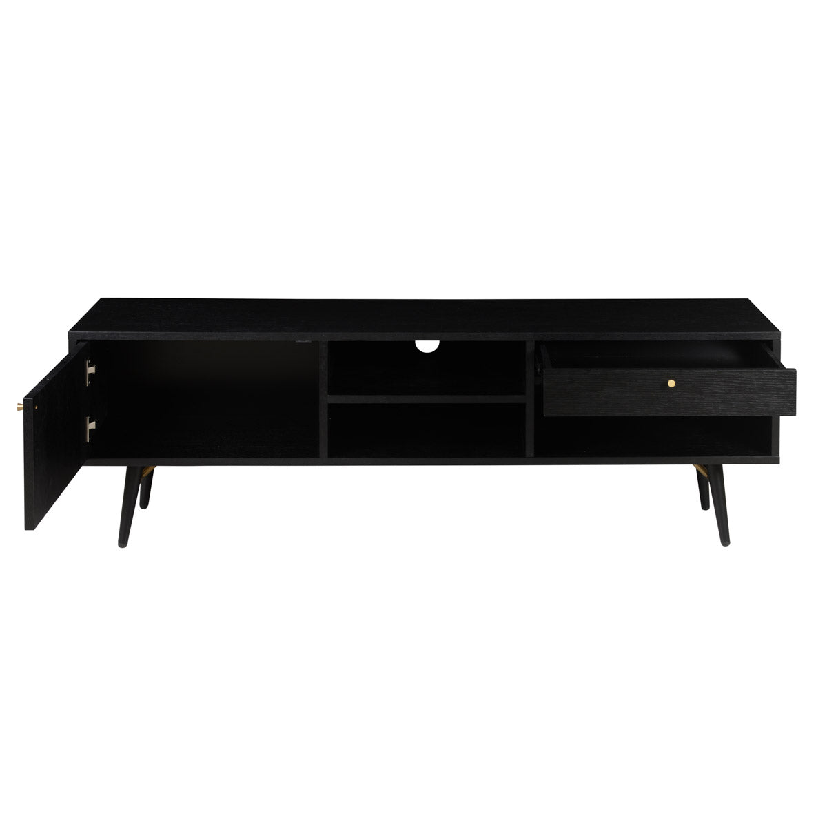 Black oak KINO TV cabinet by My Store, 117x40x50 cm, showcasing sleek modern design with storage compartments.