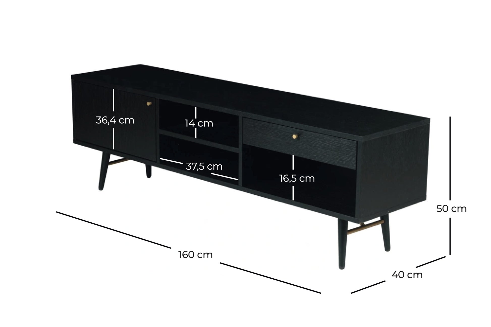 KINO TV Cabinet in black oak finish, 117x40x50cm, featuring sleek modern design with storage compartments.