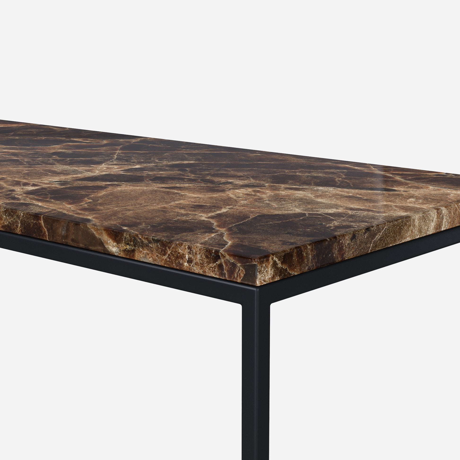 Dark Emperador brown marble console table with glossy finish, modern design, sleek surface, and sturdy base.