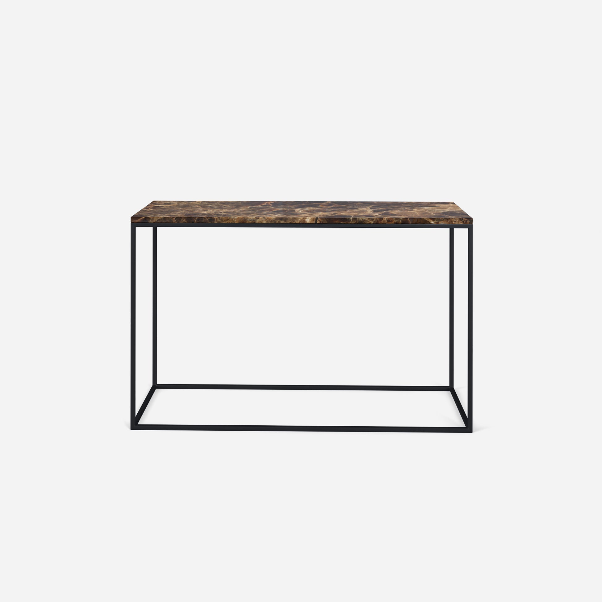 Dark Emperador brown marble console table with glossy finish, modern design, and sleek rectangular shape.