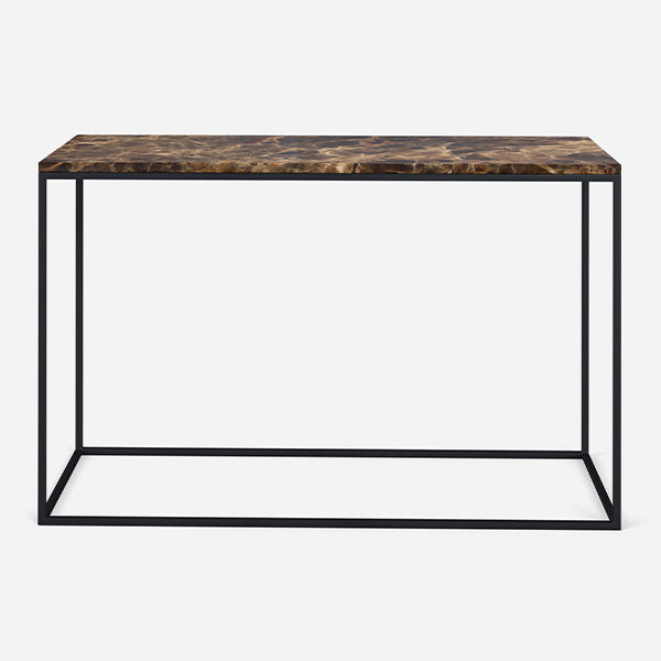 Dark Emperador brown marble console table with glossy finish, sleek design, and sturdy construction for modern living spaces.