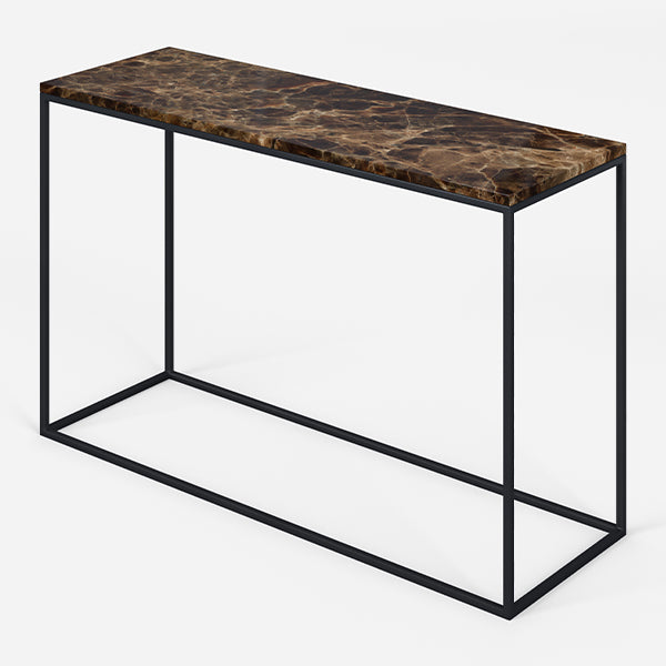 Dark Emperador brown marble console table with glossy finish, modern design, and sleek rectangular shape.