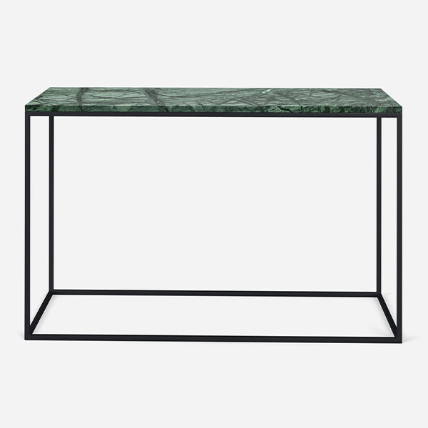 Glossy India Green marble console table with sleek design, ideal for entryways or living rooms.