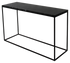 Black Nero Marquina marble console table with a glossy finish, featuring a sleek modern design and sturdy metal legs.