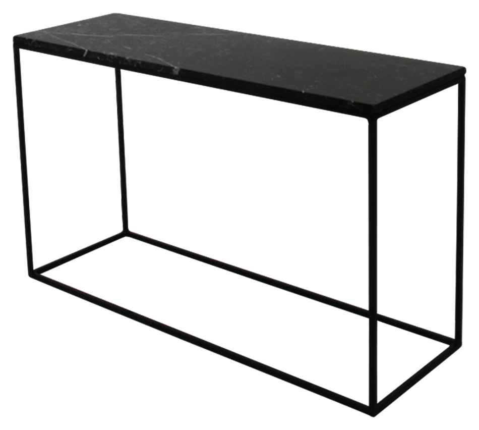 Black Nero Marquina marble console table with a glossy finish, featuring a sleek modern design and sturdy metal legs.