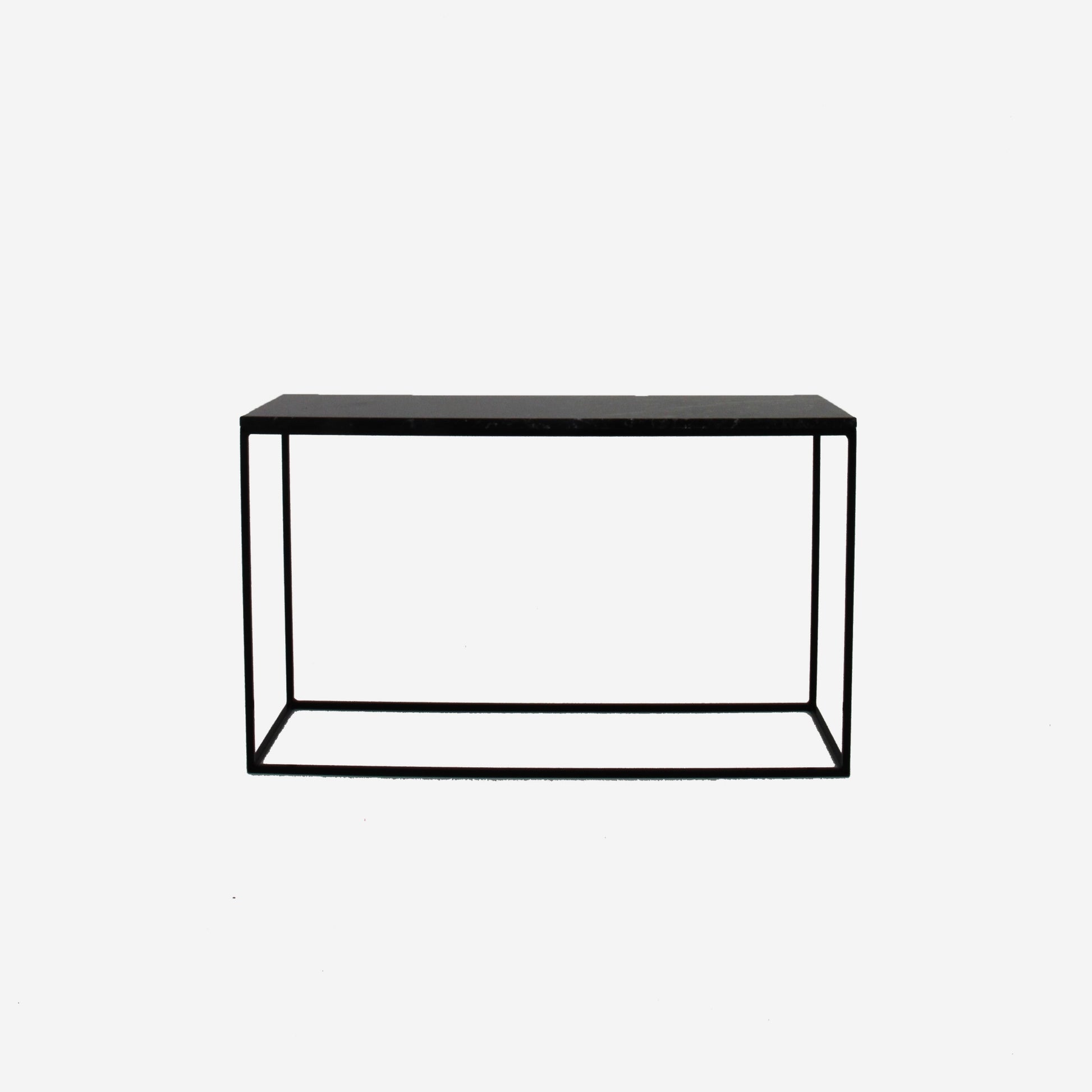 Black Nero Marquina marble console table with glossy finish, featuring sleek modern design and sturdy construction.