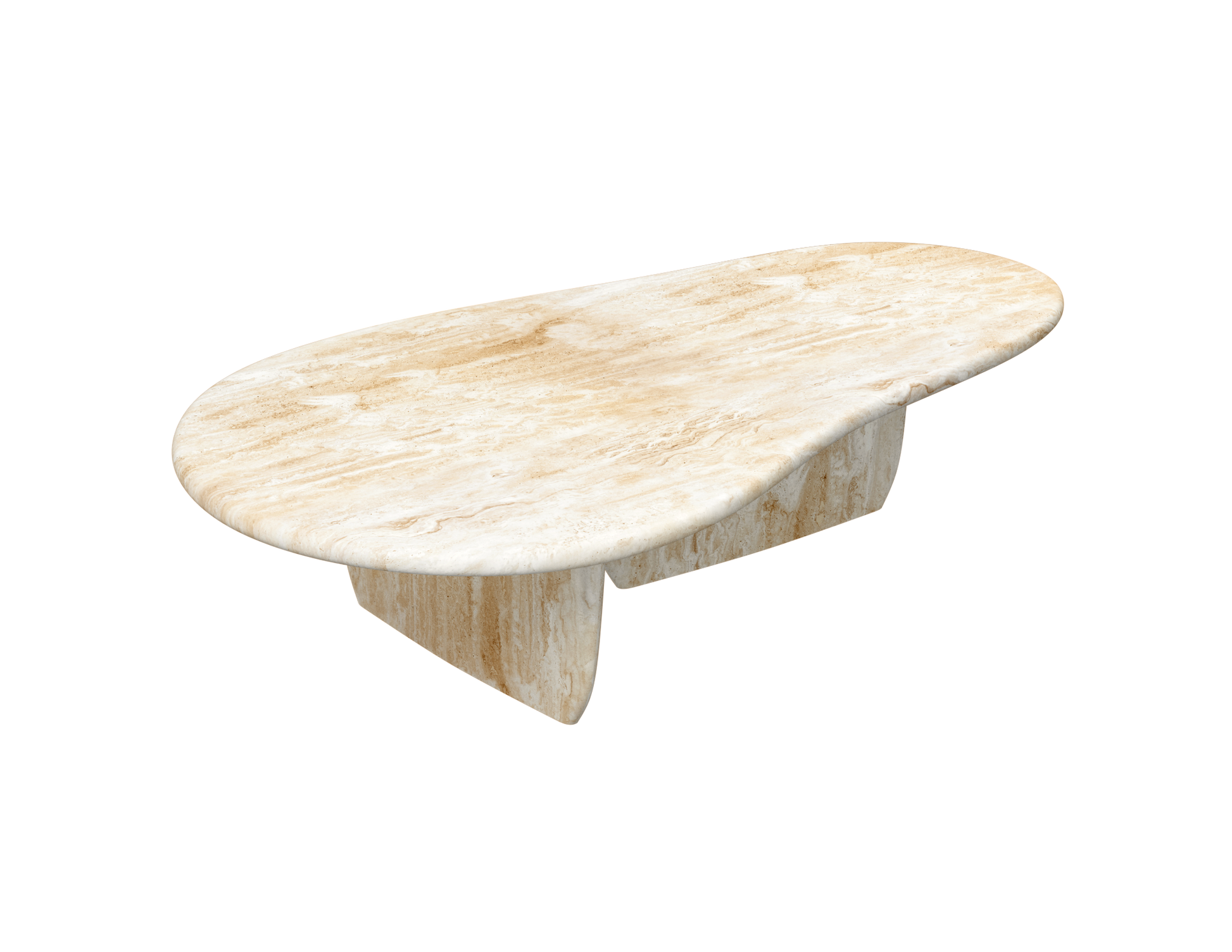 Form coffee table with travertine top and wooden legs, modern design, 120x66 cm, showcasing the elegant natural stone surface.