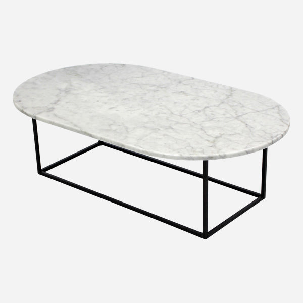 Glossy oval marble coffee table with Bianco Carrara white surface and sleek design, perfect for modern living rooms.