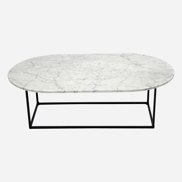 Glossy oval marble coffee table in Bianco Carrara white with sleek design, featuring a smooth marble surface and modern style.