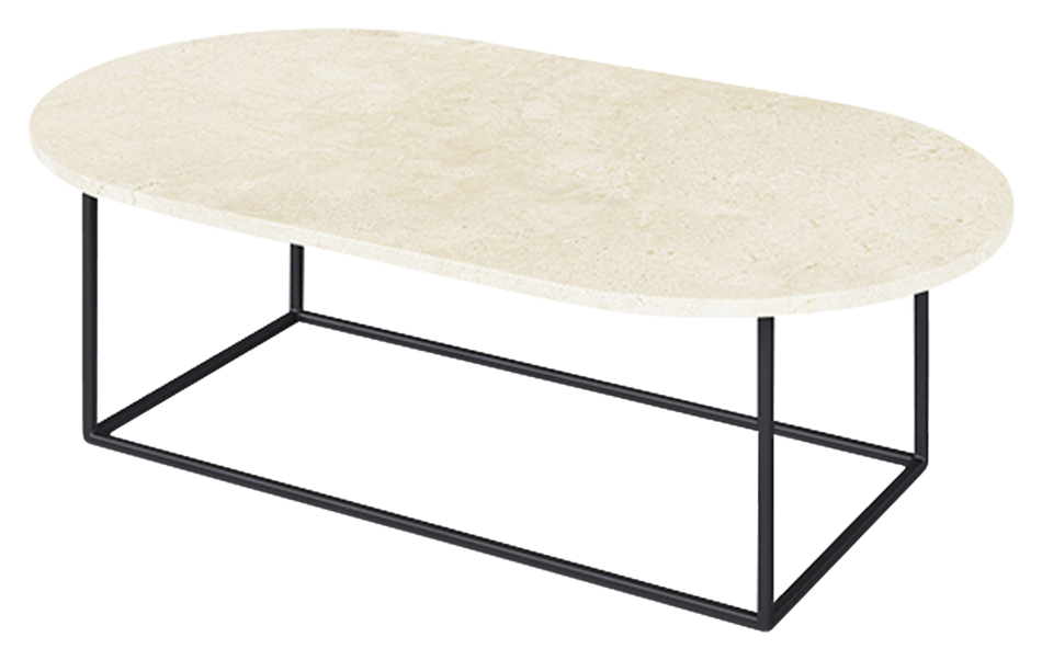 Glossy oval marble coffee table in Crema Marfil beige with a smooth finish, featuring a modern design and natural stone pattern.