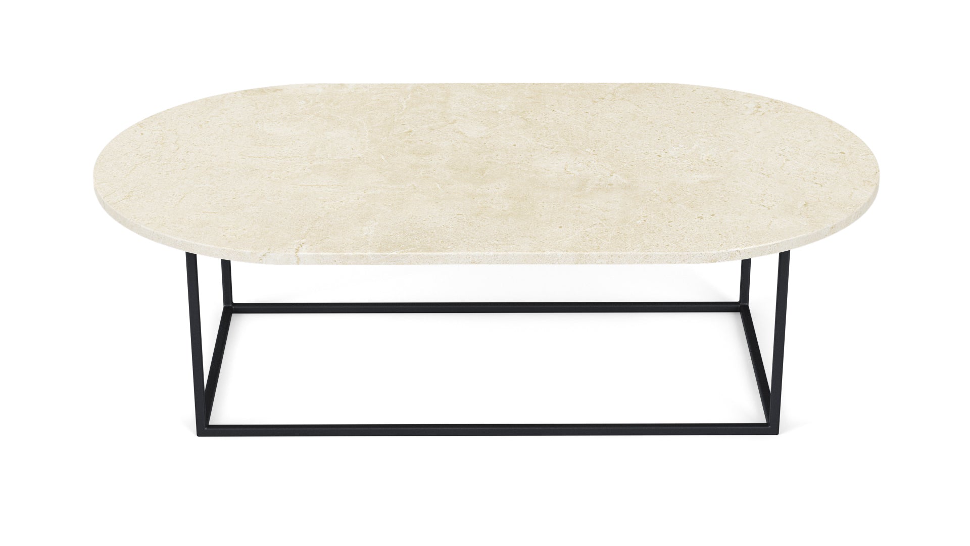 Oval marble coffee table in Crema Marfil beige with a glossy finish, featuring a sleek modern design.