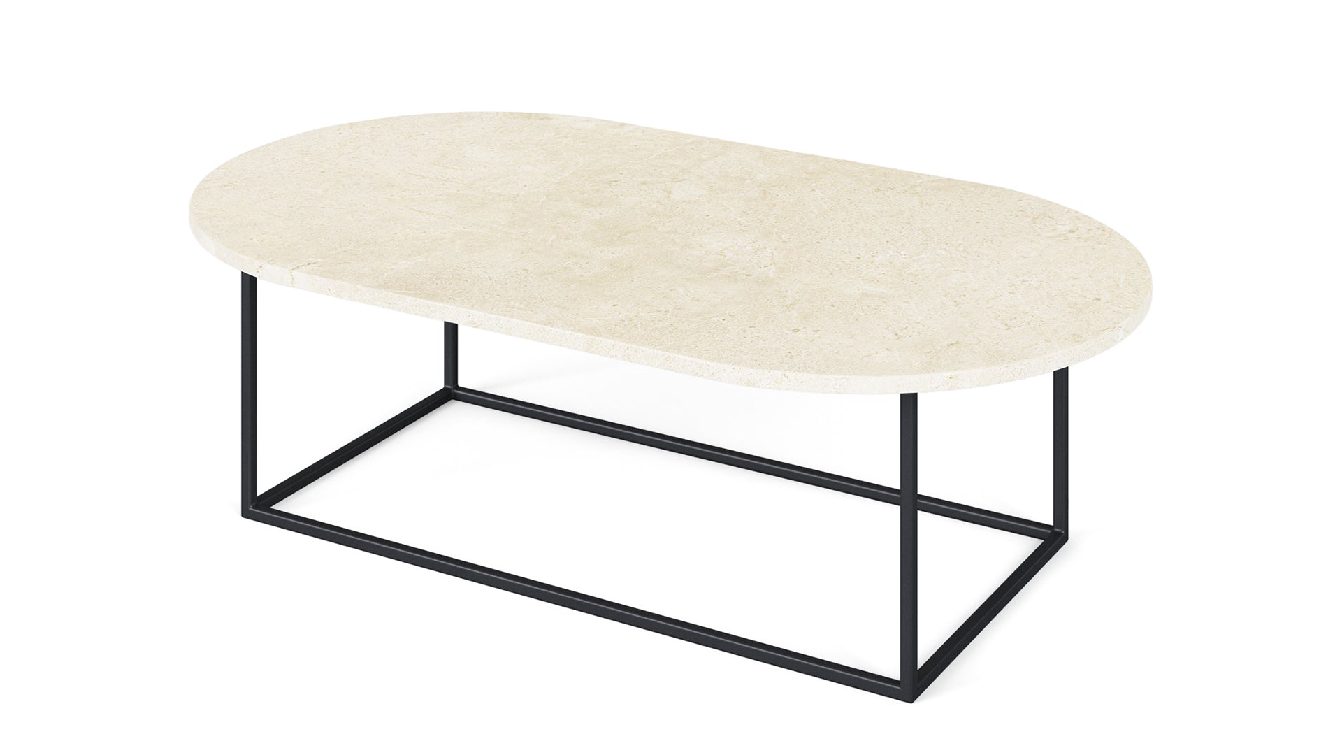 Glossy oval marble coffee table in Crema Marfil beige with gold legs, modern design, from My Store.