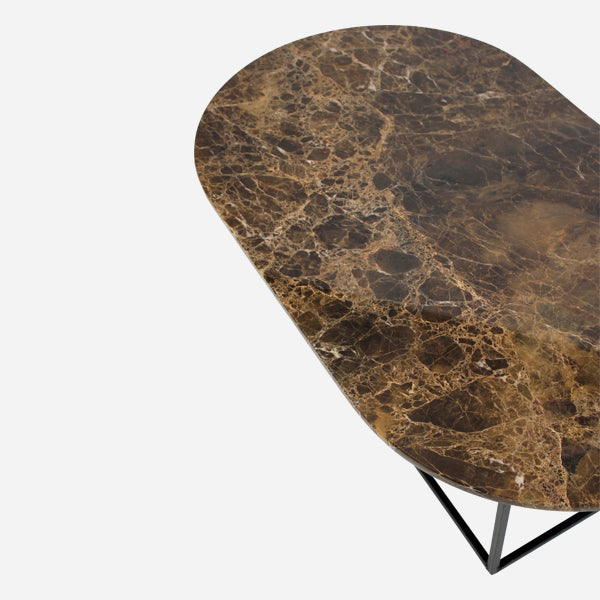 Dark Emperador brown oval marble coffee table with glossy finish, featuring a sleek modern design.