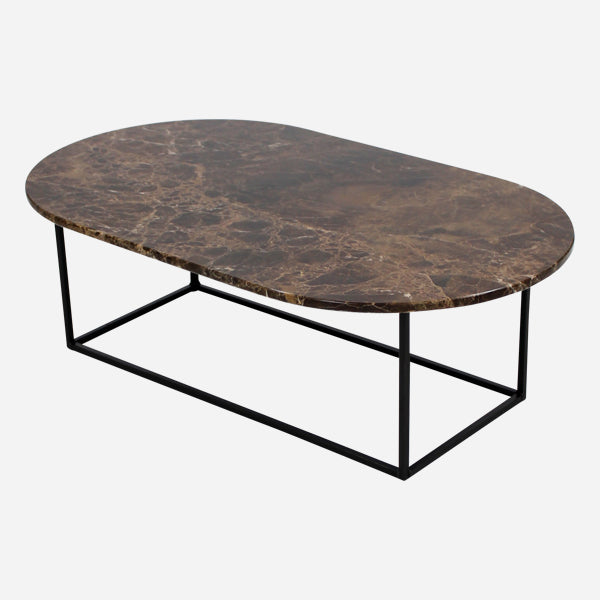 Dark Emperador Brown oval marble coffee table with glossy finish and modern design, perfect for contemporary living rooms.
