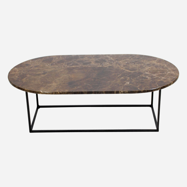 Oval marble coffee table in glossy dark Emperador brown with sleek design and polished finish.