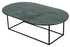 Glossy oval marble coffee table in India Green with a sleek design, perfect for modern living room decor.
