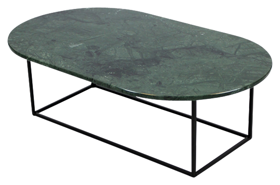 Glossy oval marble coffee table in India Green with a sleek design, perfect for modern living room decor.
