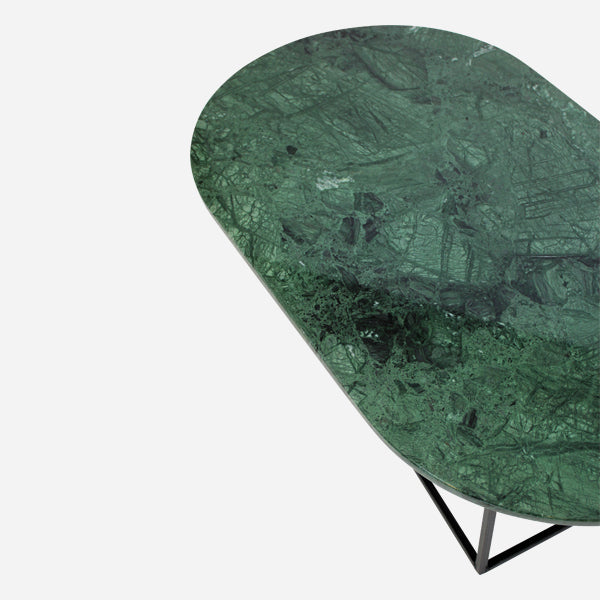Glossy oval marble coffee table in India Green with a sleek design, perfect for modern living rooms.